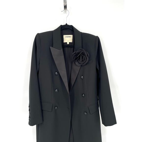 L’Agence Quinton Rosette Detail Long Tuxedo Jacket Coat In Black size 6 - Picture 4 of 15